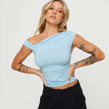 2024欧美夏季性感斜领褶皱小背心亚马逊热销修身无袖不规则上衣女