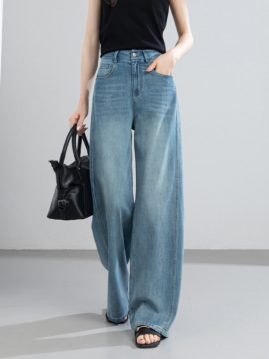 Quần jean nữ ống rộng cạp cao chất vải denim pha sợi tencel mềm mại — xanh lam