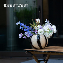 Best west 高档黑色线条圆形苹果玻璃小花器 ins软装家居客厅花瓶