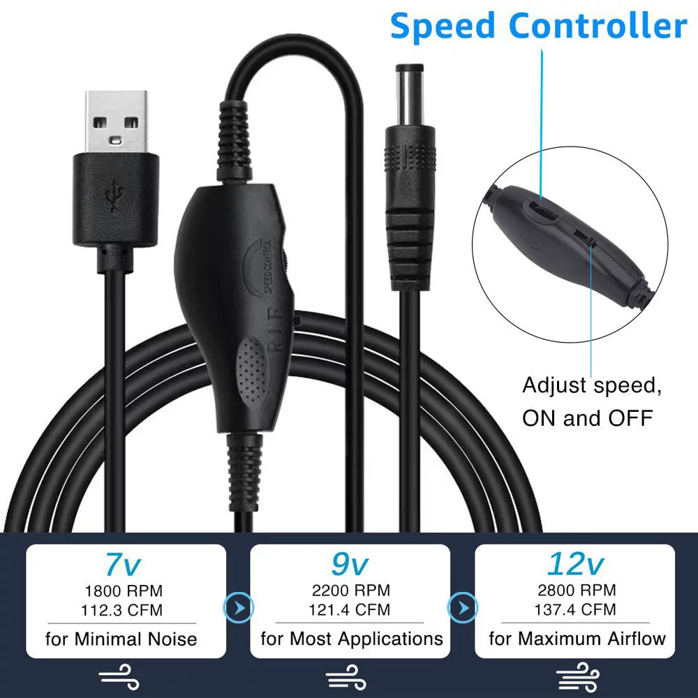 12 cm DC Cooling Fan, 5 V, USB Speed Controller Option, Compact Radiator Fan