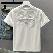 中国风醒狮刺绣短袖t恤男士2024夏季纯 棉休闲半袖体恤青年打底衫