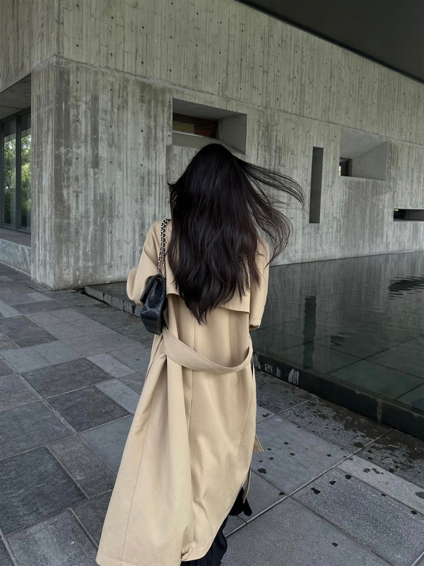 5werkwen 智贤风衣 双排扣大衣女秋冬中长款气质翻领系带春秋外套|undefined