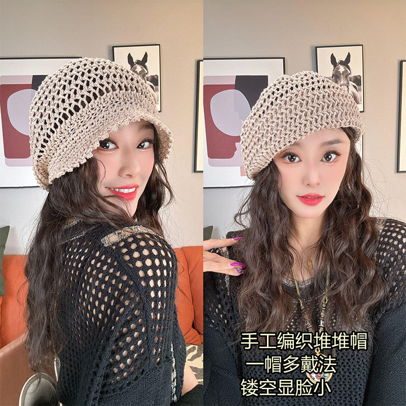 波西米亚手工编织镂空包头帽女士钩花民族风旅行拍照套头针织帽子|undefined