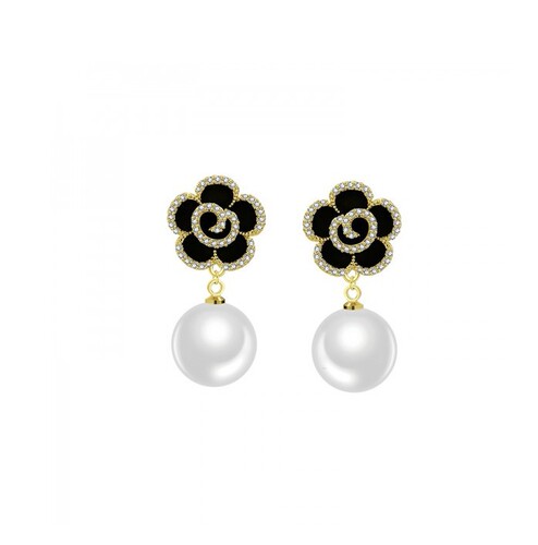 S925 Silver Needles Korean Black Rose Pearl Flower Earrings for Women - Elegant, Sophisticated, and Luxurious 3D Petal Design