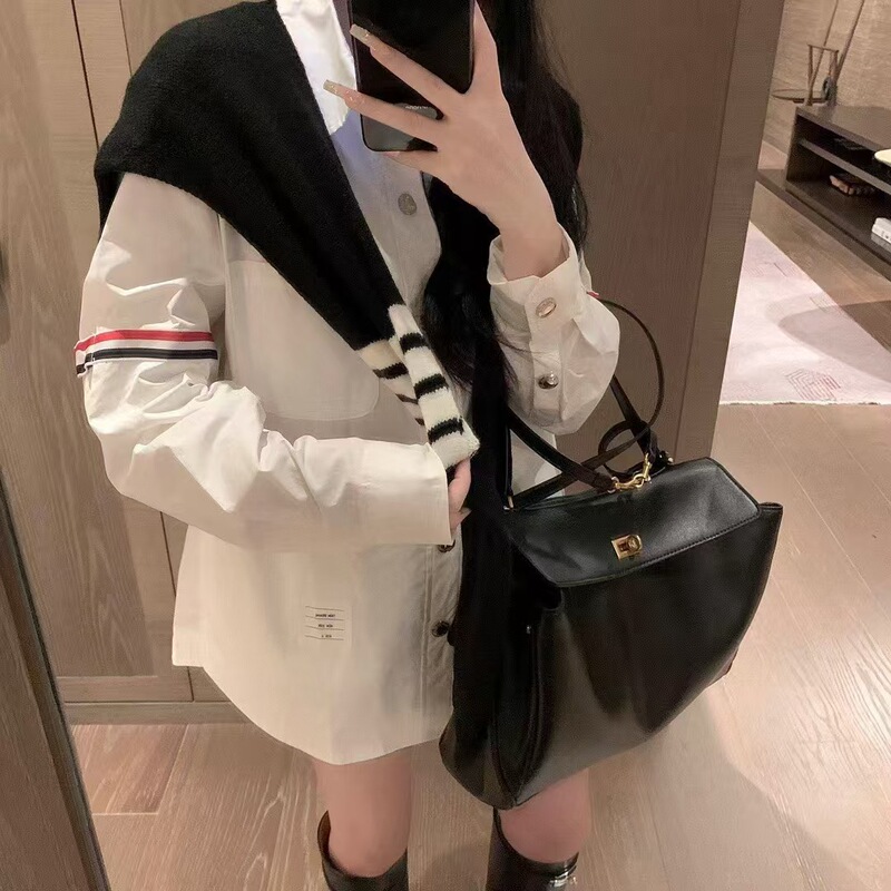 TB Red and White Ribbon Shawl Shirt Two-piece Set Women's 2024 Winter Design Sense Niche All-match Casual Elegant Top