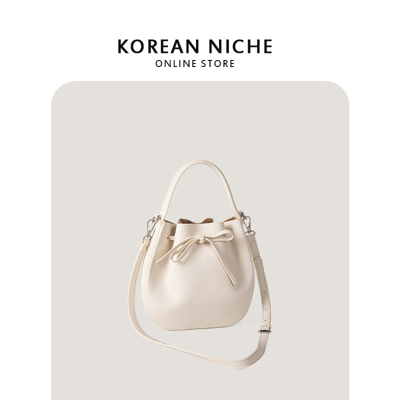 2024 nuova versione coreana borsa a tracolla in morbida pelle con motivo litchi, borsa a secchiello con fiocco e coulisse_voghion.com