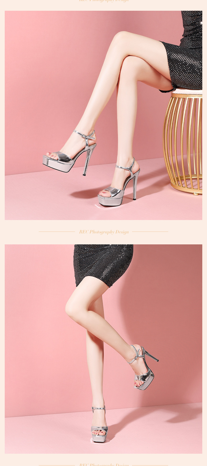 Sandal nữ cao gót hở mũi phong cách Âu Mỹ, gót nhọn 13 cm, đế platform, màu bạc — Màu vàng chi tiết 10