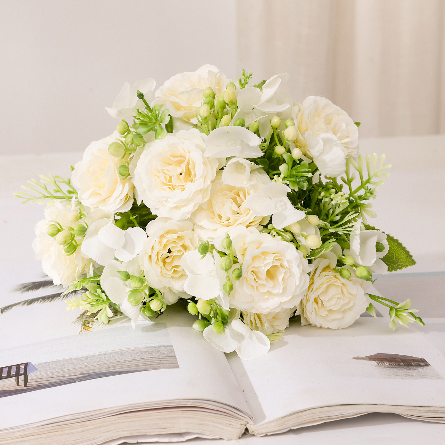 Flores artificiales, ramo decorativo, flores de plástico, rafia, peonía, rosa, arreglo floral, ramo individual, flores secas artificiales, decoración para sala de estar