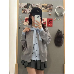 韩系撞色假两件拼接针织衫2025秋季新款温柔风穿搭开衫毛衣外套女