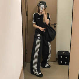 三叶草运动裤五条杠刺绣LOGO男女款夏季休闲尼龙速干长裤