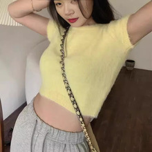短款修身纯色T恤上衣女跨境年春秋季新款内搭短袖套头打底针织衫