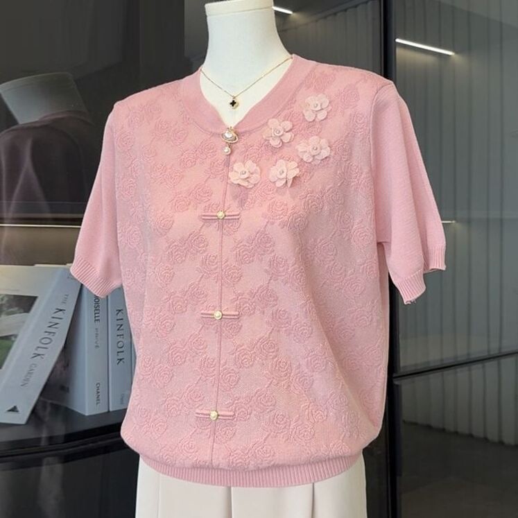 Middle-Aged Mom's Summer Ice Silk Blouse 2026 New Style Middle-Aged and Elderly Women's Short-Sleeve T-Shirt Mother's Day Clothing Middle-Aged Mom's Summer Ice Silk Blouse 2026 New Style Middle-Aged and Elderly Women's Short-Sleeve T-Shirt Mother's Day Clothing