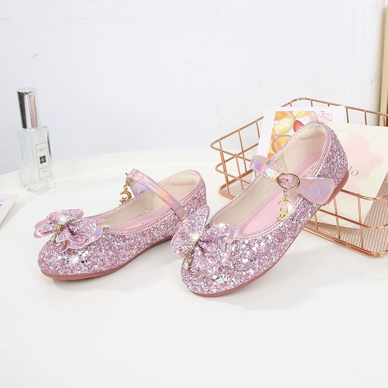 Симпатичный лук шоу обувь девушки Новый блесток плоские туфли принцессы липучки маленькая девочка обувь