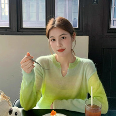 韩版chic撞色设计感v领薄款毛衣女2025春秋宽松马海毛针织衫上衣