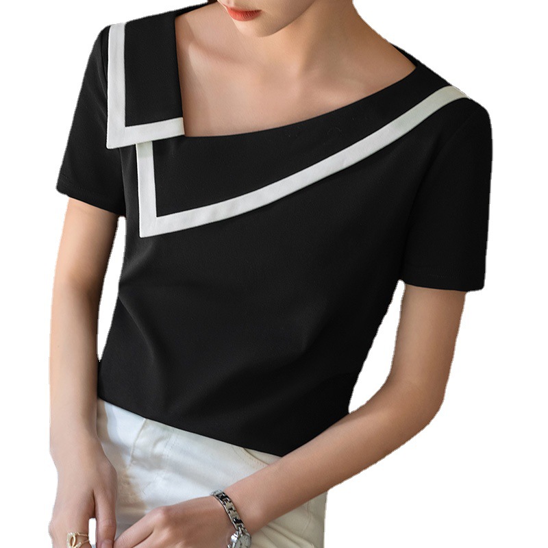 Camiseta de manga corta para mujer, estilo nuevo de verano 2025, camiseta de algodón con cuello en V y hombros caídos estilo francés con diseño de cuello en contraste de color.