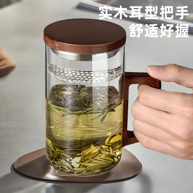 Taza de vidrio de alta calidad personal de oficina de alta temperatura separación de té verde taza de té filtrado de media luna taza de té