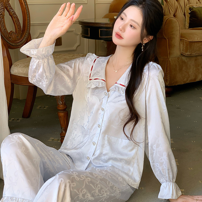 法式复古宫廷风色丁睡衣女士秋冬新款长袖款套装高贵气质家居服|undefined