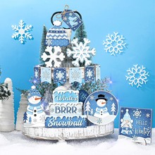 15件冬季分层托盘装饰雪人雪花蓝色质朴农舍木招牌桌面中心装饰