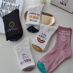 Ins-style smiling rainbow socks for autumn and winter sports, female version, Hello cute smiling face student black and white mid-calf socks