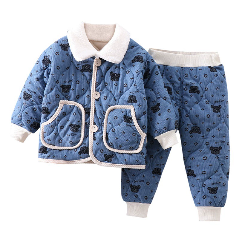 Зимний утолщенный Детский костюм для мальчиков и девочек, детская одежда с хлопковой подкладкой, брюки с хлопковой подкладкой, детский зимний костюм в Корейском стиле, комплект из двух предметов