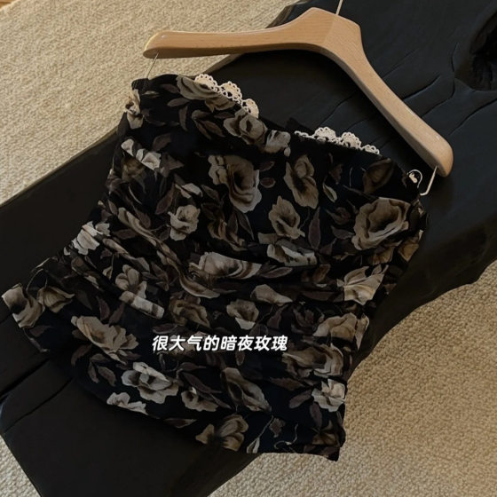 M @ gda butry * 2025ss summer new dark night rose printed lace corset short chest wrap