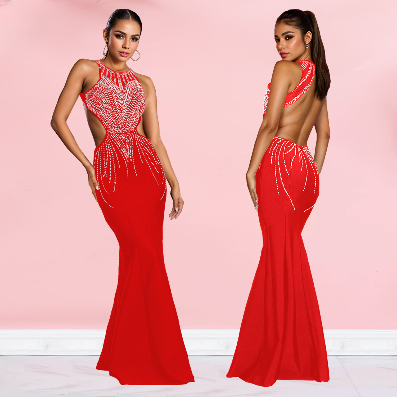 C7122 Aliexpress transfronterizo Amazon Europa y América moda femenina delgada cola de pescado vestido de diamante caliente vestido de espalda descubierta image 5