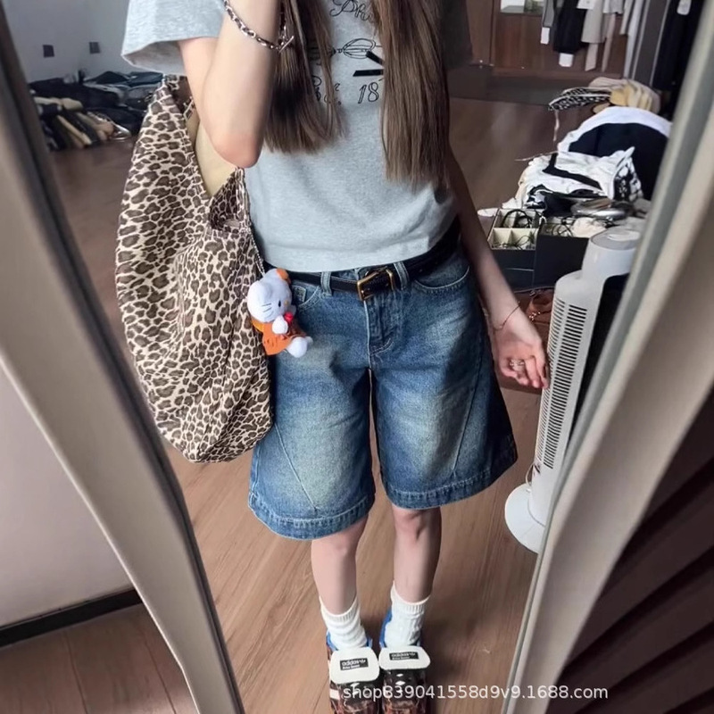 Retro Straight Denim Shorts for Women 2025 Spring & Fall New High-Waisted Loose Slimming Look Mid-Pants for Small People Five-Point Pants