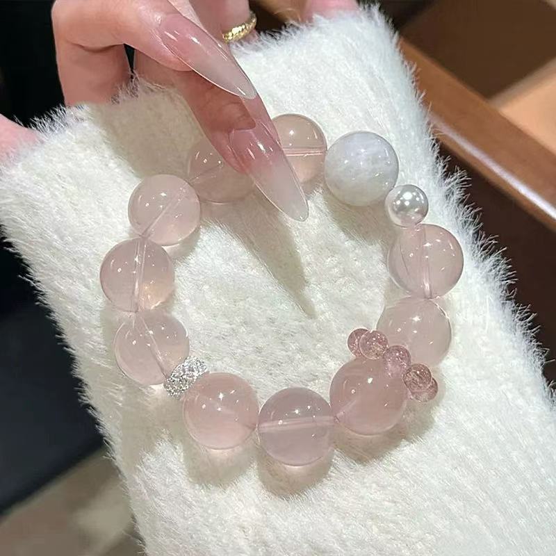 天然粉水晶手串闺蜜同款甜美温柔搭配雪花幽灵手链草莓晶跑环手饰|undefined