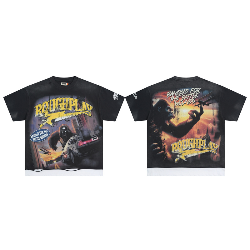 RoughPlay NYC T-Shirt美潮高街洗水做旧破洞大幅闪亮带钻短袖T恤|undefined