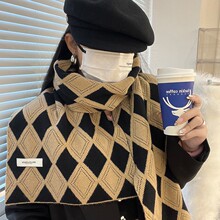韩版菱形格子围巾女秋冬季文艺复古针织毛线披肩保暖百搭学生围脖