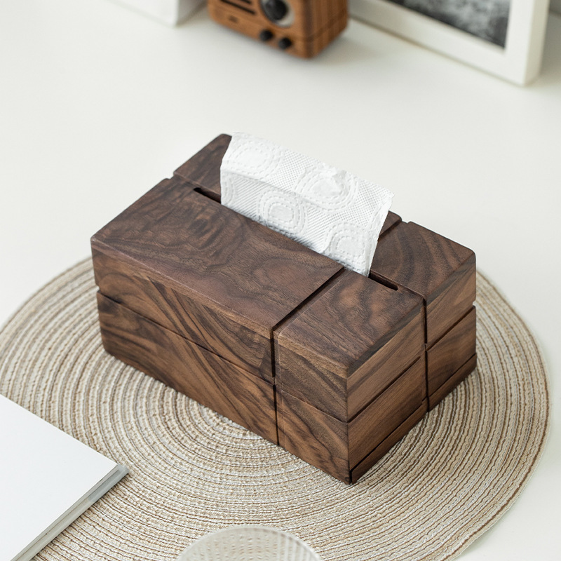 创意新中式黑胡桃木纸巾盒家用客厅摆件收纳盒中式实木质纸巾盒