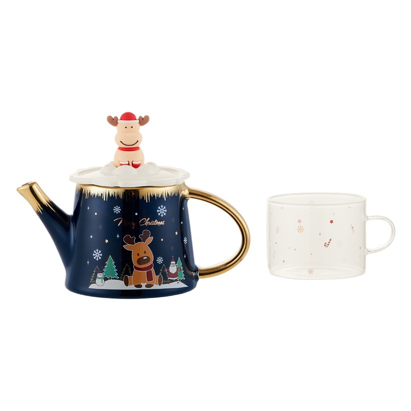 Navidad alces juego de té traje lindo de dibujos animados tetera de cerámica regalo lindo flor juego de té Logo de apoyo