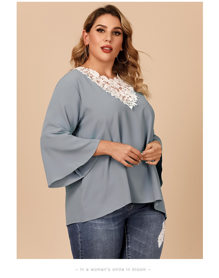 Plus Size sleeve Lace Crochet Stitching V-Neck Solid Color Loose Top NSJR59645