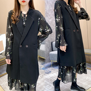 OL temperament Korean women's long suit collar large size fat mm300 kg can wear new 2021 spring vest 9104