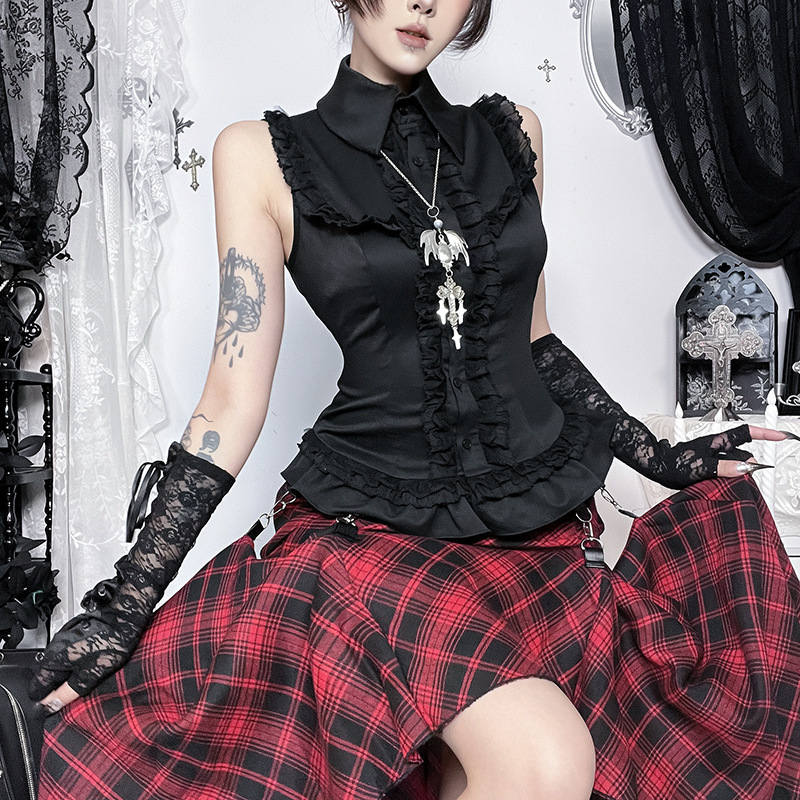 Cf26032 Second-Hand Sleeveless Shirt, New Spring Style Dark Style Ruffled Short Vest Top for Women
