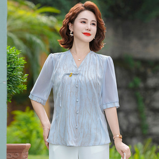 Middle-Aged Mom's Summer Chinese-Style T-Shirt, Trendy Versatile Loose Fit, Tummy-Concealing, Slimming, Elegant V-Neck Short Sleeves