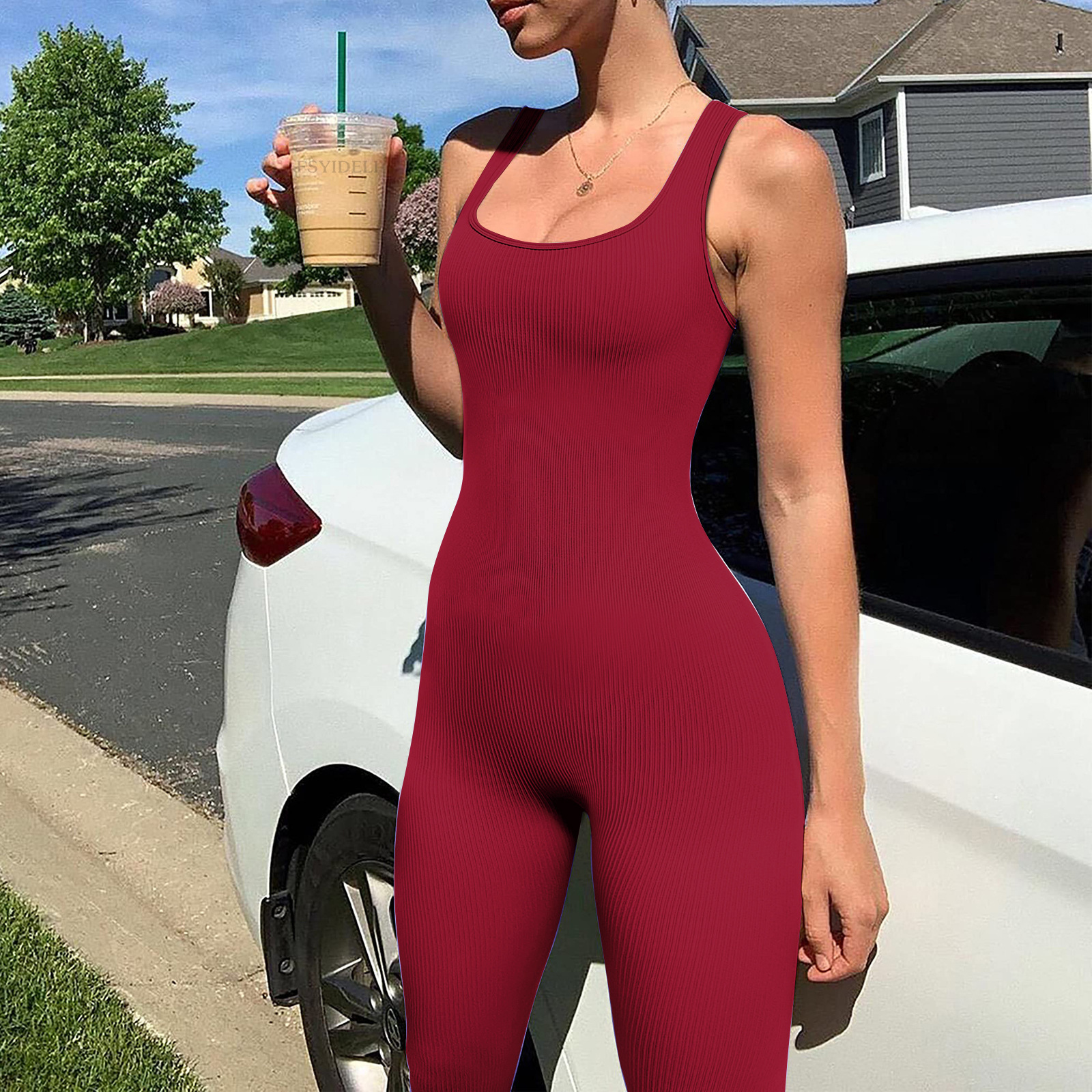European and American cross-border solid color sleeveless vest jumpsuit thread square collar backless hip lifting slim sports jumpsuit in stock