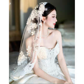 蕾丝头纱新娘主婚纱长款复古法式领证头饰超仙美结婚拍照道具飘逸