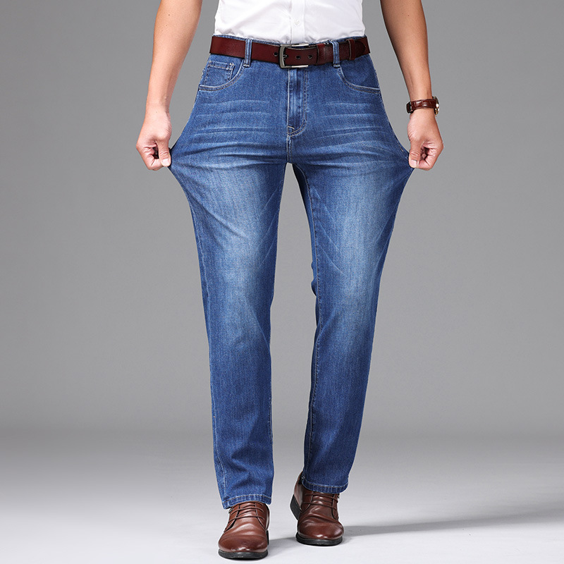 Cuatro Estaciones Nueva jeans stretch algodón regular transpirable simple hombres de negocios alta cintura suelta pantalones mezclilla recta