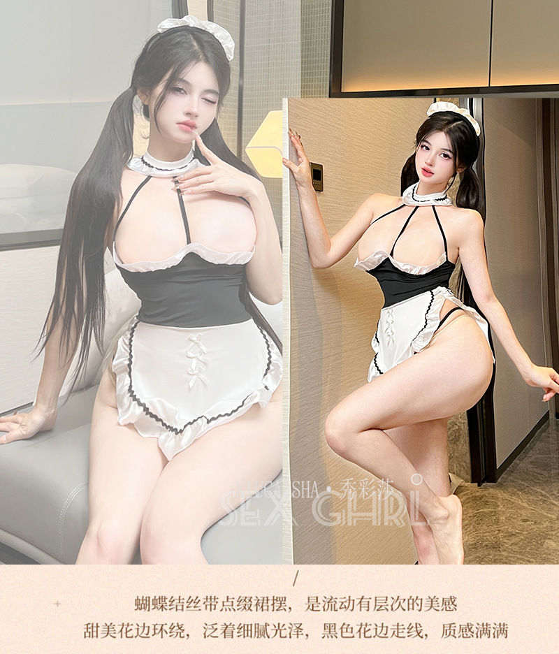 Halter Neck Maid Roleplay Lingerie Set with See-Through Detail and Open-Crotch Stockings — detail image 14
