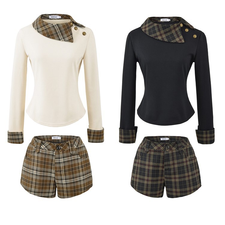 Black Sweater Long-Sleeve Knitwear Plaid Shorts Set for Women Winter Waffle Fake Two-Piece Detachable Inner Top