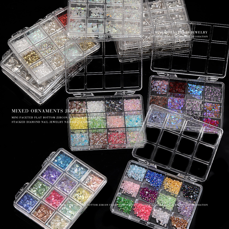 Nail diamond jewelry mixed 12 grid sequins pearl bow burst Czech flat bottom diamond shaped broken diamond nail drill