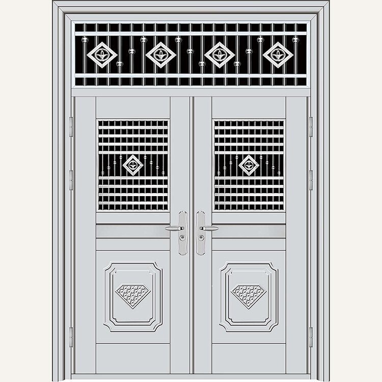 White-gray stainless steel main door_movable sanding panel double-door factory_customizable white steel door