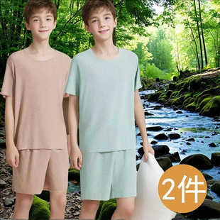 Modal Student Youth Ice Silk Pajamas Men's Summer Home Clothes Two-Piece Set Seamless Short-Sleeved Thin Large Size Suit