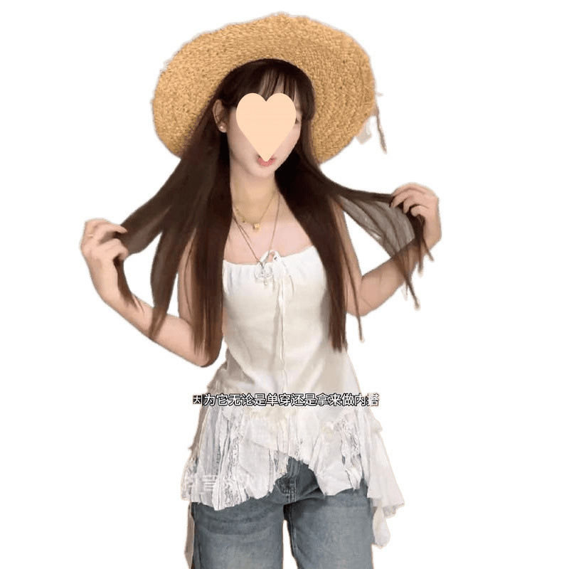 プラスサイズのフレンチスイート不規則な白いキャミソール女性の夏の太ったMMは肉をカバーして痩身レースバットカーテントップ|undefined