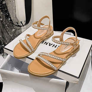 Small Size Summer Bohemian Pearl Roman Rhinestone Sandals with 3cm Wedge Open Toe Buckle Casual Women's Sandals