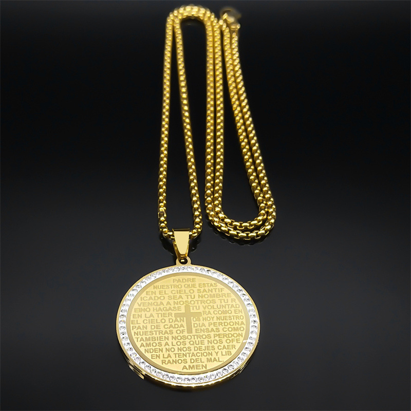 Nouveau pendentif rond personnalisé avec gravure biblique et incrustation de diamants, en acier inoxydable, couleur inaltérable, idéal pour l'été._voghion.com