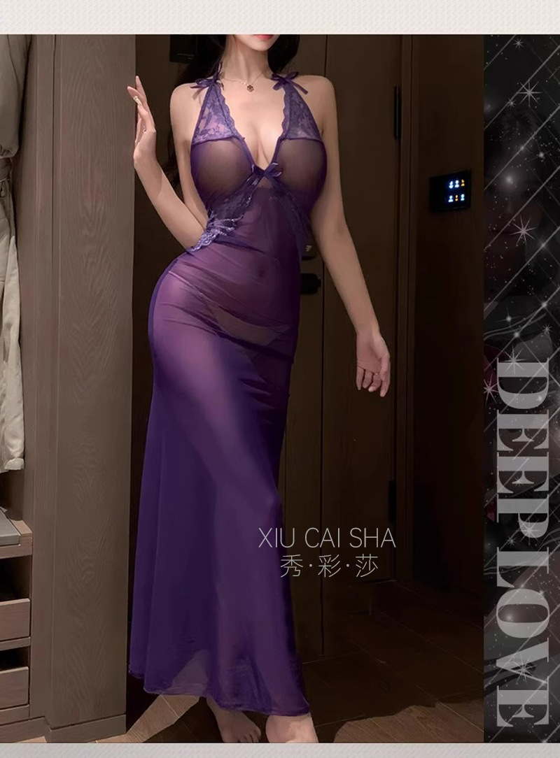 Deep V Lace Mesh Babydoll Nightgown with Suspenders and Bow, Purple One Size — detail image 9