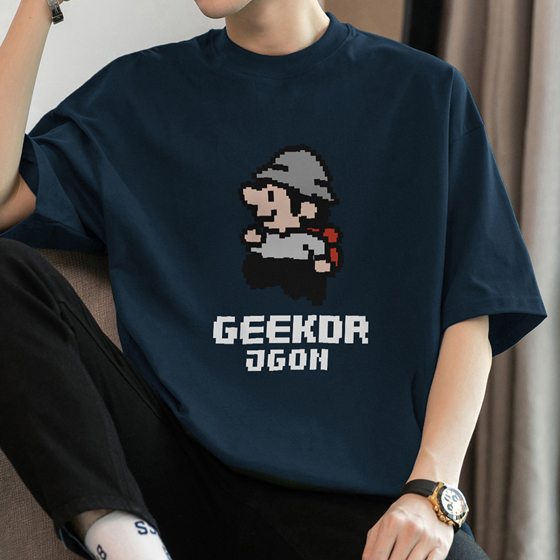 260g heavy cotton short sleeve T-shirt men's summer loose round neck top clothes fashion brand Pixel printed cotton half sleeve