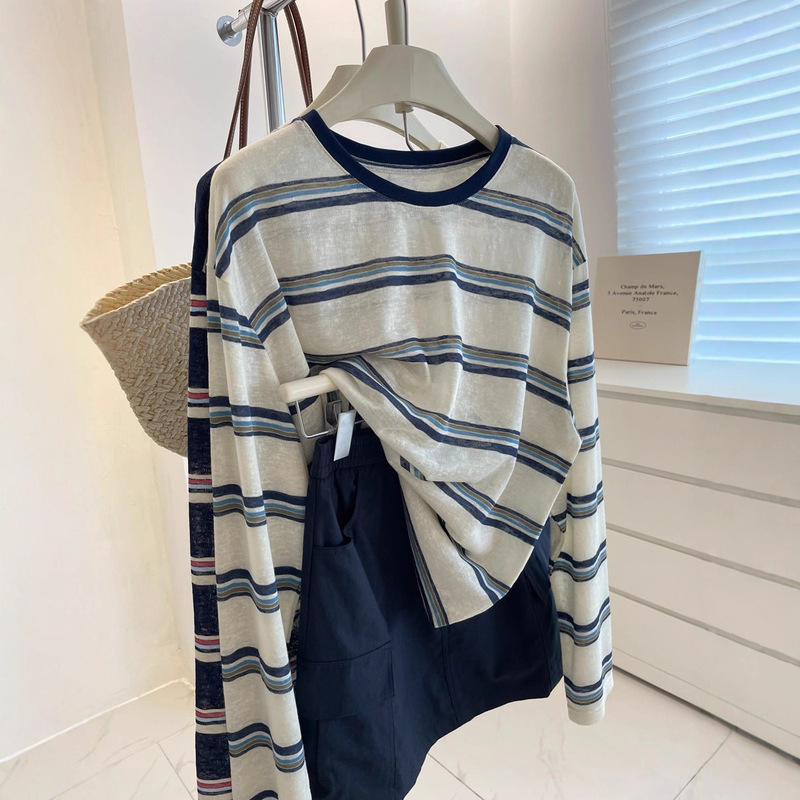 [Factory Ready Stock] Retro White Contrasting Collar Stripesd Sun Protection Shirt for Women, Loose and Slim Long-Sleeved T-Shirt